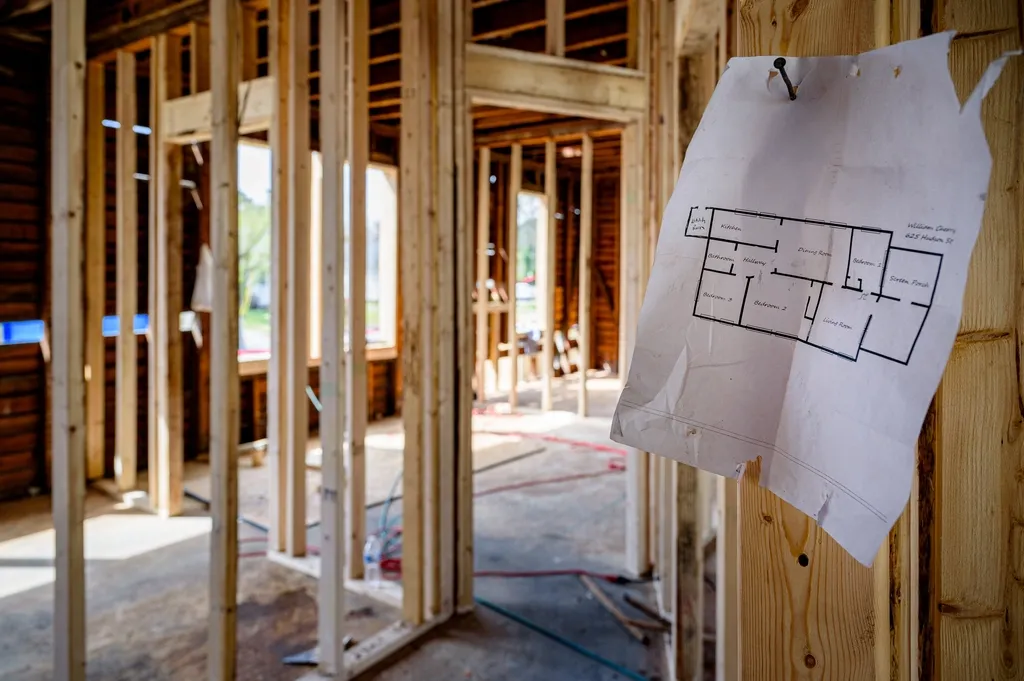 Wood-framed house under construction with a floor plan pinned to a stud