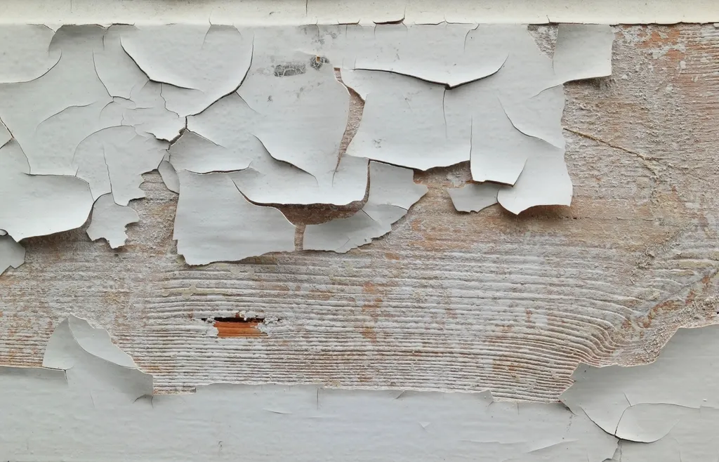 Old white paint peeling and flaking off a wooden surface