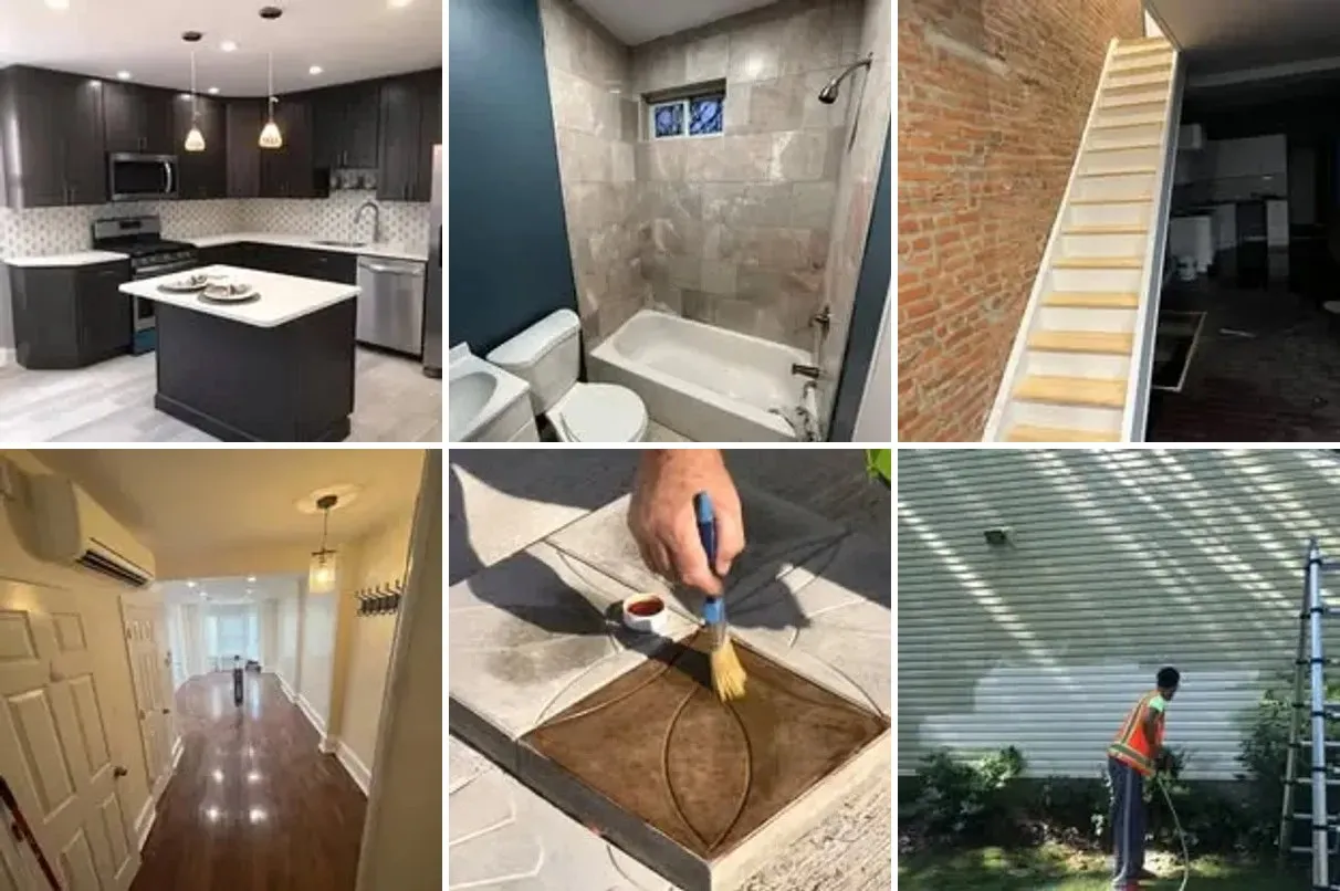 Collage of completed Home Exchange projects: kitchen, bathroom, staircase, hallway, concrete and siding work