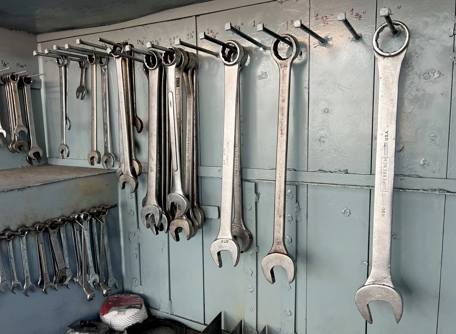 Set of wrenches hanging on a workshop wall